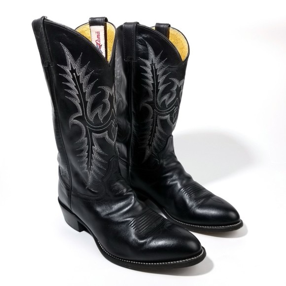 Tony Lama Black Smooth Leather Western Roper Cowboy Vaquero Boots - Picture 5 of 11
